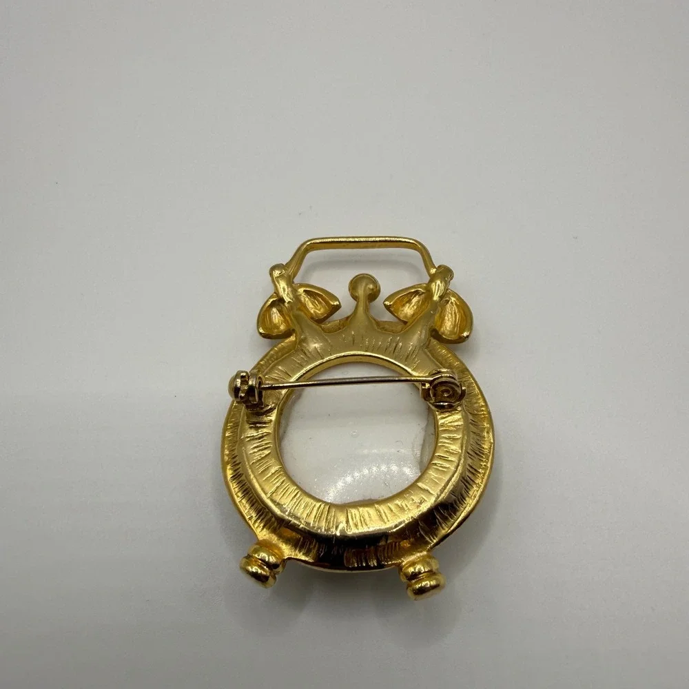 Vintage Gold Tone Alarm Clock Brooch Roman Numeral Face Novelty Pin